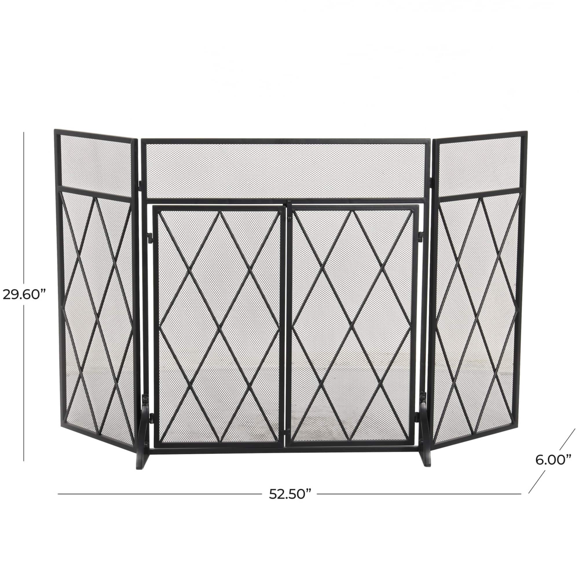 Black Metal Geometric Diamond 3-Panel 2 Door Fireplace Screen